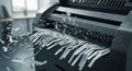 Shredding machine in action: dynamic close-up of paper fragments being shredded Royalty Free Stock Photo