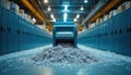 Shredding machine overflows with paper in a storage room. Confidential data destruction process at workplace. Archive with Royalty Free Stock Photo