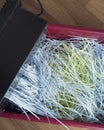Shredding paper coming out from the machine. Top view. Shredding documents for security Royalty Free Stock Photo