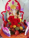 Shree Ganesha Statue With Decoration And Fruits Royalty Free Stock Photo