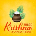 Shree Krishna Janmashtami hand lettering with clay pot and peacock feather on yellow background. Traditional Hindu festival.