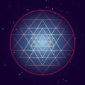 Shri Yantra chakra symbol, cosmic mystical diagram with stars on dark background. Sacred geometry illustration