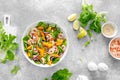 Shrimp, avocado and mango salad with fresh green lettuce. Prawn salad Royalty Free Stock Photo