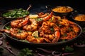 Shrimp on a background of seafood Tikka, grilled