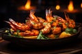 Shrimp on a background of seafood Tikka, grilled