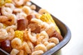 A Shrimp Bake with Sausage Corn on the Cob and Potatoes Baked Together with Southern Cajun Seasonings