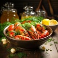 Shrimp in a bowl on a wooden table Royalty Free Stock Photo