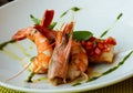 Shrimp, bruschetta with tomatoes, garlic and fresh basil