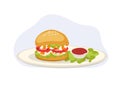 Shrimp burger with ketchup and lettuce on plate. seafood. yummy fast food. vector cartoon illustration