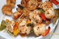 Shrimp and chicken skewer or mix kebab close and cropped view.