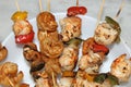 Shrimp and chicken skewer or mix kebab close and cropped view.