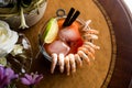 Shrimp Cocktail with red sauce, lime and ice. Royalty Free Stock Photo