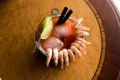 Shrimp Cocktail with red sauce, lime and ice. Royalty Free Stock Photo