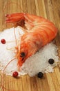 Shrimp cooked close up on bamboo board Royalty Free Stock Photo