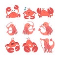 Shrimp and Crab Character as Aquatic Mammal with Smiling Face Vector Set