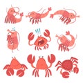 Shrimp and Crab Character as Aquatic Mammal with Smiling Face Vector Set