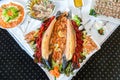 Shrimp, Crayfish, Salmon on a buffet table decorated with lemon, on a white plate Royalty Free Stock Photo