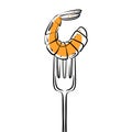 Shrimp on a doodle fork isolated on a white background