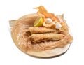 Shrimp fish in batter with chips and sauce, breaded white fish, fish dish Royalty Free Stock Photo