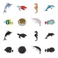 Shrimp, fish, hedgehog and other species.Sea animals set collection icons in black,cartoon style vector symbol stock Royalty Free Stock Photo