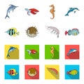 Shrimp, fish, hedgehog and other species.Sea animals set collection icons in cartoon,flat style vector symbol stock Royalty Free Stock Photo