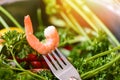 Shrimp on fork / Cooked seafood shrimps prawns ocean gourmet dinner in fork