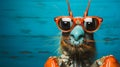 Shrimp in glasses on a blue strong background. Business Concept. Generative AI