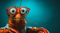 Shrimp in glasses on a blue strong background. Business Concept. Generative AI