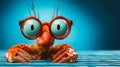 Shrimp in glasses on a blue strong background. Business Concept. Generative AI