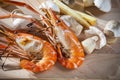 Shrimp grilled with corn and mushroom on clean wood plate Royalty Free Stock Photo