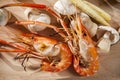 Shrimp grilled with mushroom and corn on wood plate Royalty Free Stock Photo