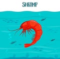 Shrimp icon. Vector illustration. Red shrimp isolated on blue water background. Seafood. Prawn in sea. For restaurant