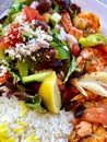 Grilled Shrimp Kebab with Salad and Rice. Royalty Free Stock Photo