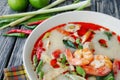 Shrimp and lemon grass spicy soup with mushrooms, famous Thai food cuisine calling Tom Yum Kung Royalty Free Stock Photo