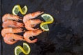 shrimp, lemon and sea salt on a dark black background. Copy space Royalty Free Stock Photo