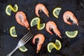 shrimp, lemon and sea salt with fork on a dark black background Royalty Free Stock Photo