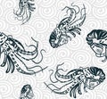 Shrimp lobster oriental japanese chinese vector design seamless pattern