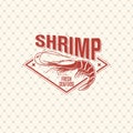 Shrimp logo on seamless pattern with fishing net, vector illustration