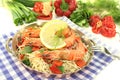 Shrimp with mie noodles and lemon Royalty Free Stock Photo