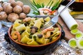Shrimp and Mushroom Pasta in ceramic clay pot Royalty Free Stock Photo