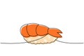 Shrimp nigiri, ebi sushi one line colored continuous drawing. Japanese cuisine, traditional food continuous one line