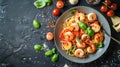 Shrimp Pasta Elegance in Tomato-Garlic Sauce. Dark food photography Royalty Free Stock Photo