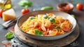 Shrimp Pasta Elegance in Tomato-Garlic Sauce. Dark food photography Royalty Free Stock Photo