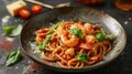 Shrimp Pasta Elegance in Tomato-Garlic Sauce. Dark food photography Royalty Free Stock Photo