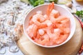 Shrimp peeled on white bowl ready for cooking, Fresh shrimps or prawns seafood and shellfish Royalty Free Stock Photo