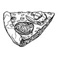 Shrimp pizza slice, vector hand drawing isolated from background