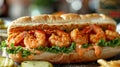 A shrimp po'boy sandwich with veggies and sauce Royalty Free Stock Photo