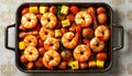 Shrimp with Potatoes, Tomatoes, and Corn in a Rustic Baking Dish Royalty Free Stock Photo