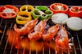 shrimp,prawn grilled on barbecue stove with chilly and onion ring Royalty Free Stock Photo