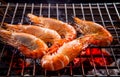 Shrimp ,prawns grilled on barbecue fire stove Royalty Free Stock Photo